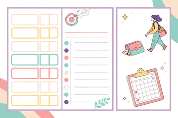 Pastel themed planner pages featuring labels, to do lists, calendar, and a woman with a shoulder bag