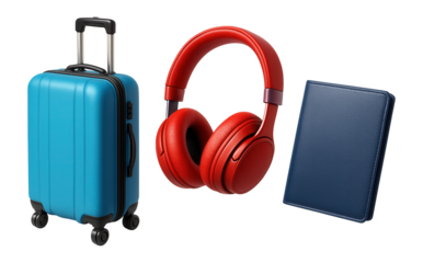 Travel essentials including a blue suitcase, red headphones, and a blue passport holder on transparent background.