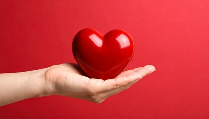 Shiny red heart held in open palm hand holding