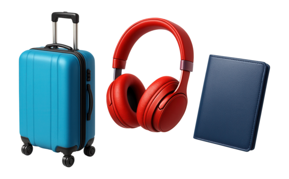 Travel essentials including a blue suitcase, red headphones, and a blue passport holder on transparent background. - Powered by Adobe