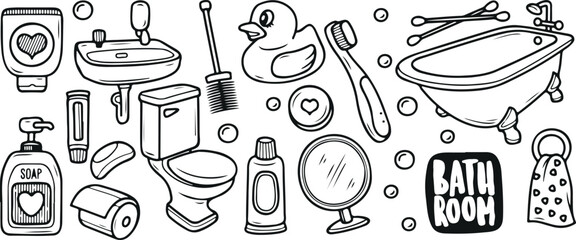 Bathroom Essentials Doodle Set – Bathroom, Hygiene, Soap, Shampoo, Rubber Duck, Towel, Toothbrush, Toothpaste, Sink, Mirror, Doodle Style, Hand Drawn, Black and White, Clean, Minimal Line, Self-Care, 
