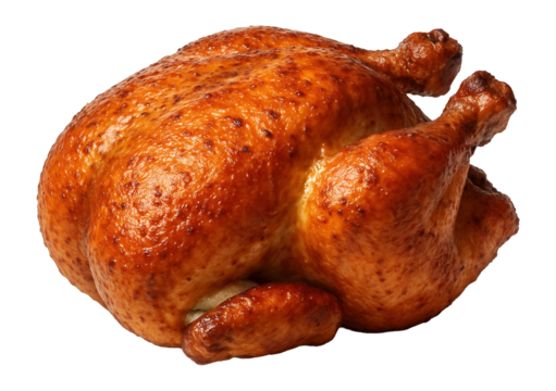 Whole roasted chicken with golden, crispy skin and well-defined texture on transparent background.