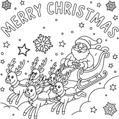 Holiday Season Sleigh Ride Outline Illustration with Santa and Reindeer on Transparent BG