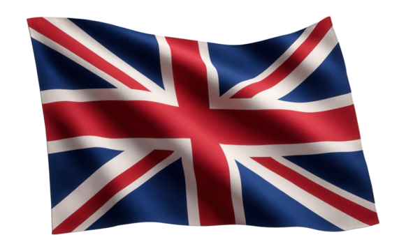 Waving image of the Union Jack flag featuring its distinctive red, white, and blue design on a fabric texture, symbolizing the United Kingdom.