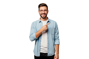 portrait of a handsome young man point at something isolated on white background

