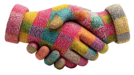 Collaboration in Texture: A close-up shot shows a harmonious handshake formed by two vibrant, intricately patterned gloves, symbolizing unity, cooperation, and the power of working together.