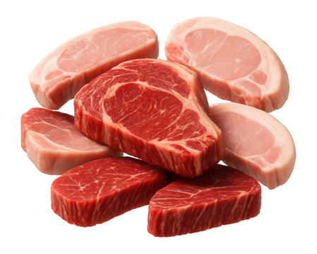 Assortment of raw red beef steaks and pink pork chops displayed on transparent background.