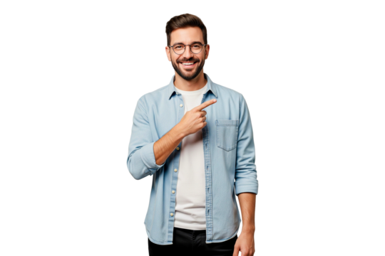 portrait of a handsome young man point at something isolated on white background