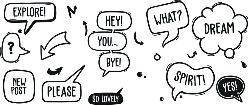 Speech Bubbles and Talk Icons – Talk, Speech Bubble, Text, Word, Quote, Message, Communication, Sayings, Expression, Chat, Social, Doodle Style, Hand Drawn, Comic, Pop Art, Black and White, Minimal, T