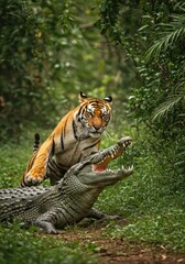 Tiger and crocodile in jungle (1)