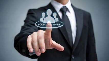 Professional businessman engages with glowing social network interface, connecting people digitally.