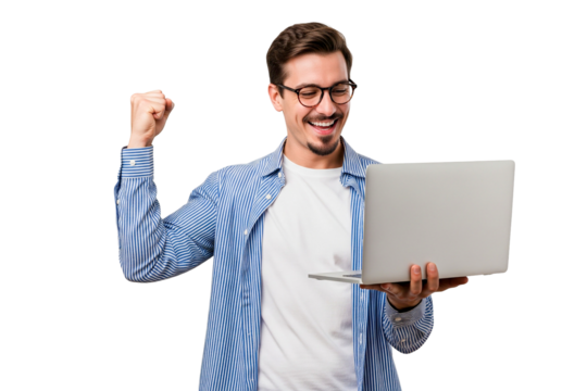 handsome young man with laptop isolated on white background
