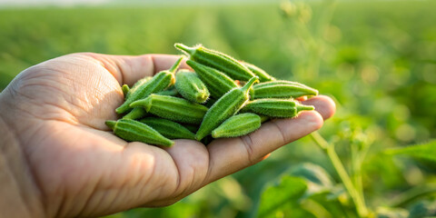 Freshly Harvested Okra Pods Displayed on Hand in Field