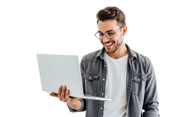Smilling young man with laptop isolated on white