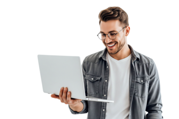 Smilling young man with laptop isolated on white