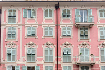 Pink Facade With Blue Windows Shutters at Old Building in Rapallo Italy