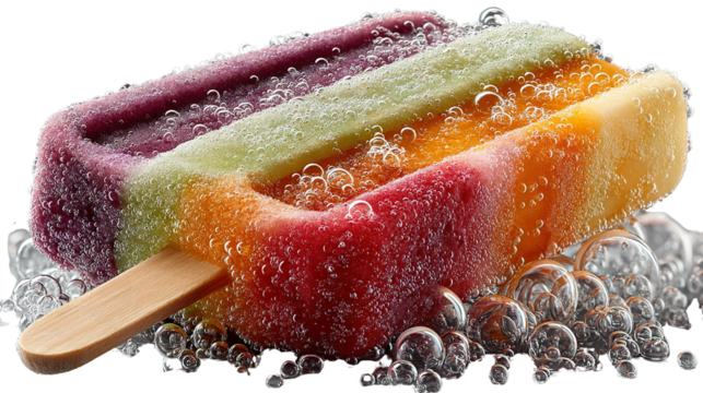 Icy Delight: A refreshing popsicle, with its spectrum of fruit flavors, presents a symphony of colors and textures, inviting immediate satisfaction.