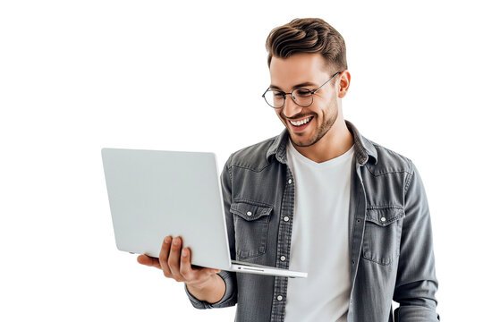 Smilling young man with laptop isolated on white