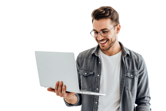 Smilling young man with laptop isolated on white