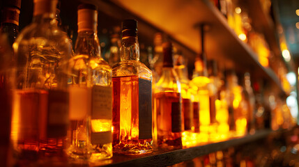 A lot of liquor bottles on shelves in a bar, amber yellow lighting