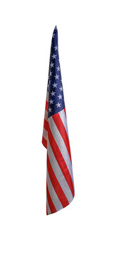 A vertically hanging American flag is displayed isolated on a white background, symbolizing patriotism and national pride.
