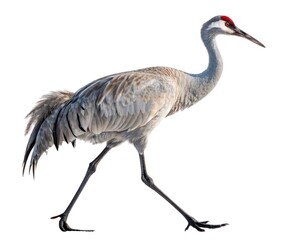 Obraz premium Full-body macro image of a crane standing still, long legs and beak, clean feather details and neutral lighting, isolated perfectly on pure white — elegant, wetland bird silhouette. 