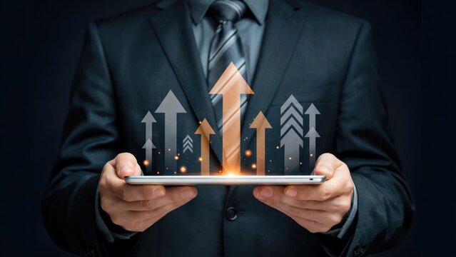 Businessman presents successful growth strategy on tablet with glowing rising arrows symbolizing progress and achievement