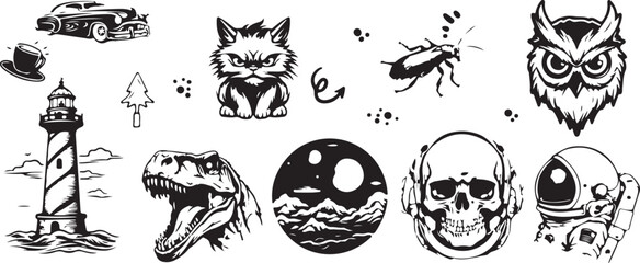 Skull and Adventure Vector Icons – Skull, Tent, Travel, Compass, Nature, Hiker, Bones, Camping, Wilderness, Journey, Tribal Style, Hand Drawn, Tattoo Flash, Minimal Line Art, Explorer, Outdoor, Advent