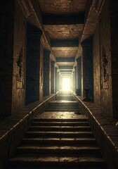 Obraz premium Ancient hallway with stairway leading to light