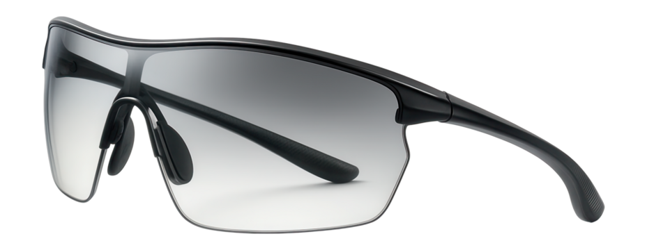 Sleek black sports sunglasses with a wraparound design and gradient lenses on transparent background.