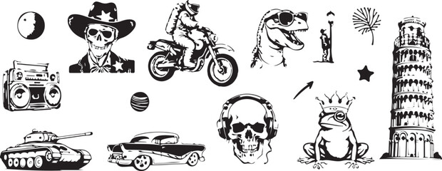 Angry Cat and Moon Vector Set – Cat Face, Full Moon, Night Sky, Stars, Feline, Tattoo, Halloween, Mysterious, Dark, Bold Lines, Night Creatures, Magic, Witchcraft, Black Ink, Hand Drawn, Tribal, Celes