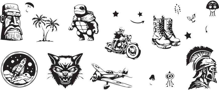 Motorcycle Rider Vector Illustration &ndash; Biker, Helmet, Freedom, Adventure, Skull, Racing, Retro Style, Tattoo, Biker Culture, Skull Helmet, Speed, Tattoo Flash, Bold Art, Black Ink, Rebel, Road Trip, M