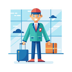 Confident Boss Holding Suitcase at Airport Terminal Ready for Business Travel &ndash; Professional Corporate Vector Illustration for Commercial Use
