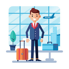 Confident Boss Holding Suitcase at Airport Terminal Ready for Business Travel &ndash; Professional Corporate Vector Illustration for Commercial Use