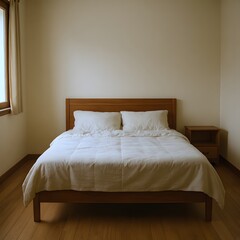 Minimalist wooden bed with white linens in bright room