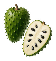 Whole and half-cut fresh green soursop fruit displaying white flesh and black seeds on transparent background.