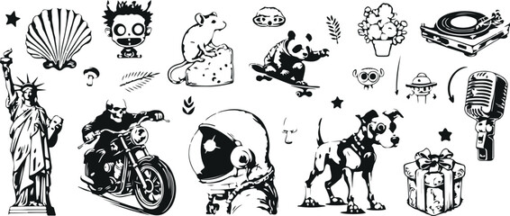 Fototapeta premium Rat and Cheese Doodle Set – Mice, Cheese, Cute Rat, Cartoon Style Hand Drawn Sketch, Black and White Food Vector, Funny Animal Characters, Snack Theme Illustration