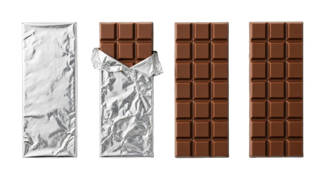 Four distinct rectangular milk chocolate bars in progressive unwrapping stages, from fully silver foil wrapped to glossy segmented chocolate, on a transparent background with soft shadows and