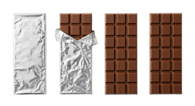 Four distinct rectangular milk chocolate bars in progressive unwrapping stages, from fully silver foil wrapped to glossy segmented chocolate, on a transparent background with soft shadows and