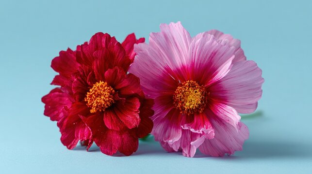 Two vibrant cosmos flowers in red and pink shades on blue background, close-up floral arrangement, colorful botanical contrast, spring nature concept
