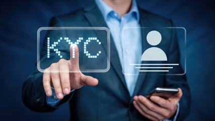 Business professional interacts with digital KYC interface, confirming identity and compliance on screen