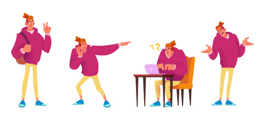 Young guy character in different poses and situations. Young man speaks, rejoices, greets, works 