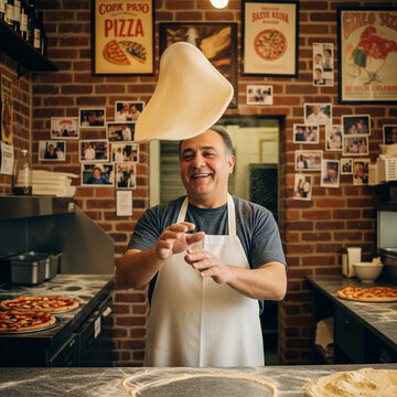 Pizzaiolo heureux lan&ccedil;ant la p&acirc;te &agrave; pizza