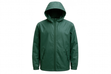 Green Hooded Rain Jacket with Zipper and Pockets, Casual Outdoor Wear for All Seasons