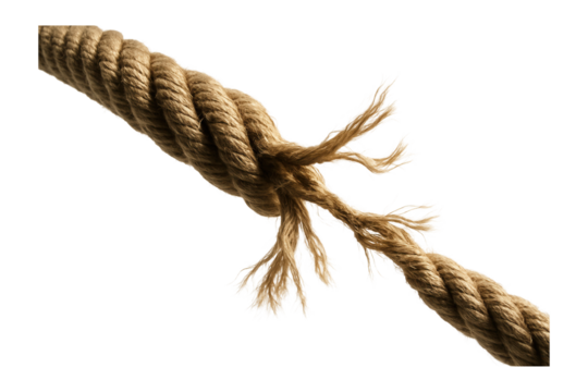 Frayed hemp rope unraveling and showing signs of wear on transparent background.