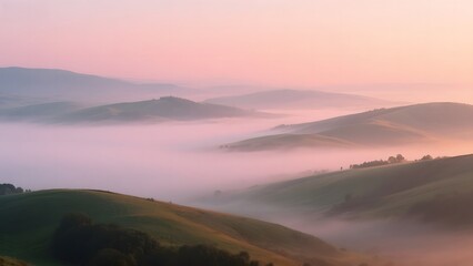 Fototapeta premium Foggy Valley at Dawn with Rolling Hills and Soft Pink Sky
