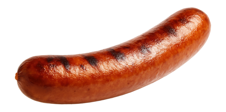 Grilled sausage with char marks and a glossy finish on transparent background.