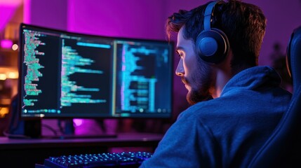 Focused developer at work station with multi-monitor programming setup