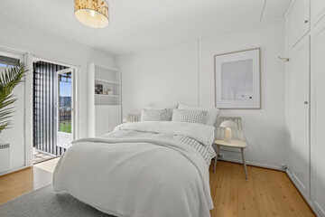 Modern luxury bedroom interior in minimal scandinavian style, 3d render