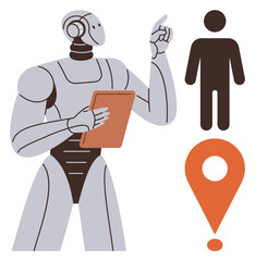 Humanoid robot with clipboard gesturing alongside human figure and location marker. Ideal for technology, AI navigation, robotics applications, futuristic concepts, workforce automation, geolocation
